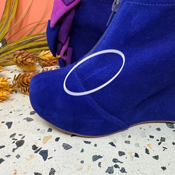 Jeffrey Campbell Blue Suede Leather Bow Back Zip Women’s Wedge Booties Sz 8.5 - Picture 6 of 13